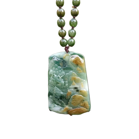 #17 GIA Certified Tri-Color Carved Landscape Jadeite Jade Pendant and Beaded Necklace: A Collector's Gem