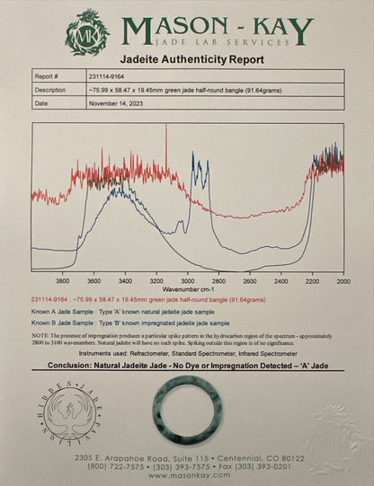 [Little Jade Pavilion] #376 Mason-Kay Certified Green-Patterned Natural Burma Jadeite Jade Bangle Bracelet (Width: 19.5 mm!)