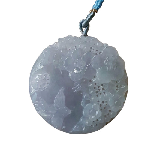#939 Natural Translucent Lavender Burma Jadeite, "Birdsong Amidst Fragrant Blooms" Pendant