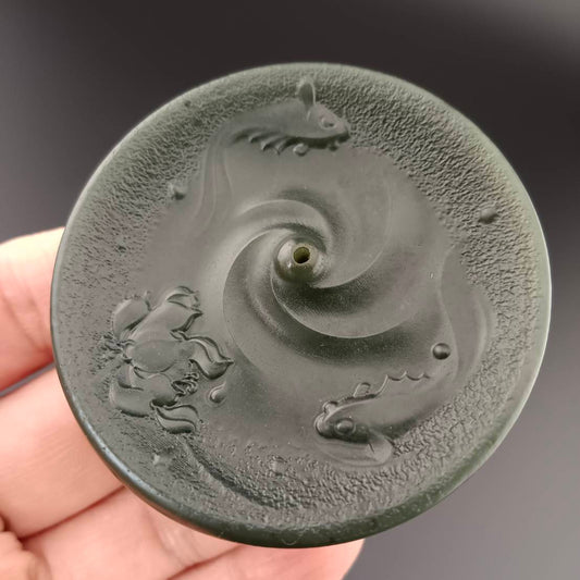 #1054 Natural Green Hetian Nephrite, Twin Koi & Lotus Incense Holder