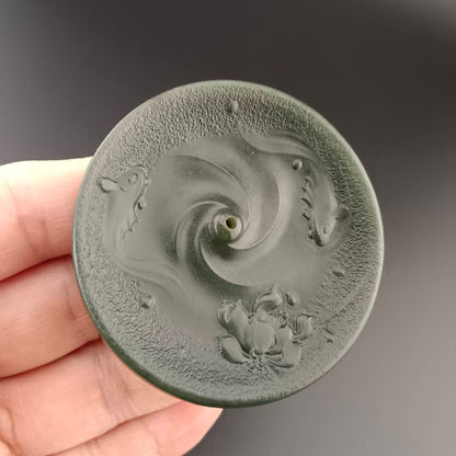 #1054 Natural Green Hetian Nephrite, Twin Koi & Lotus Incense Holder