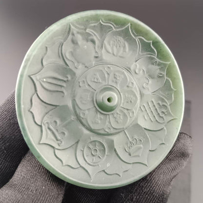 #1059 Natural Green Hetian Nephrite, Eight Auspicious Symbols Incense Holder