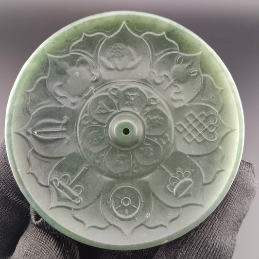 #1059 Natural Green Hetian Nephrite, Eight Auspicious Symbols Incense Holder