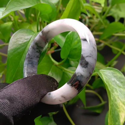 #1101 AGL Certified Dark Green/Black & White Burmese Jadeite Peace Bangle Bracelet