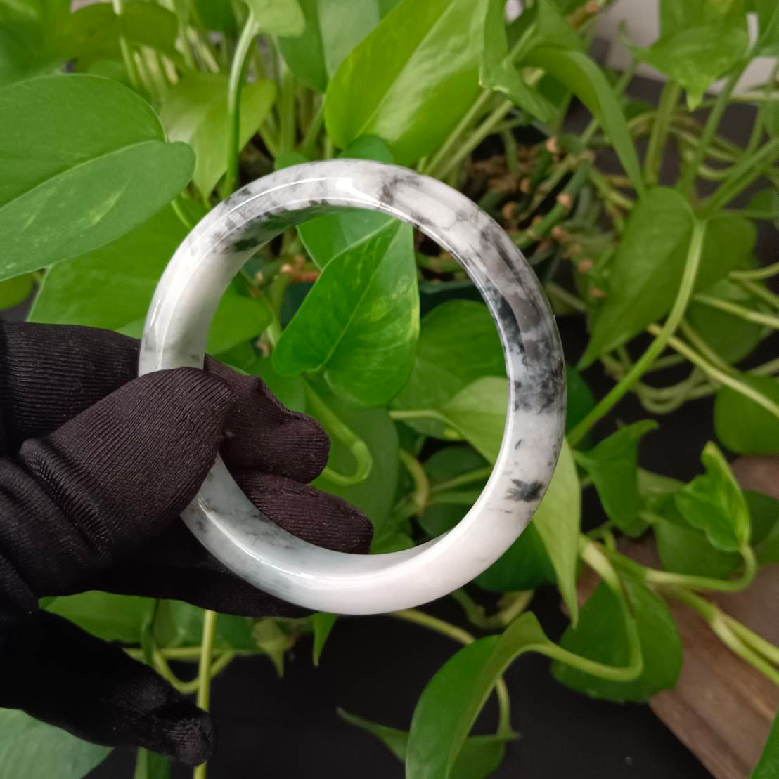 #1102 AGL Certified Dark Green/Black &amp; White Burmese Jadeite Peace Bangle Bracelet