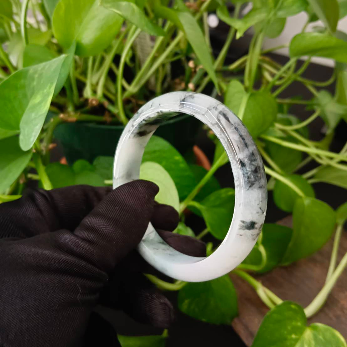 #1102 AGL Certified Dark Green/Black &amp; White Burmese Jadeite Peace Bangle Bracelet
