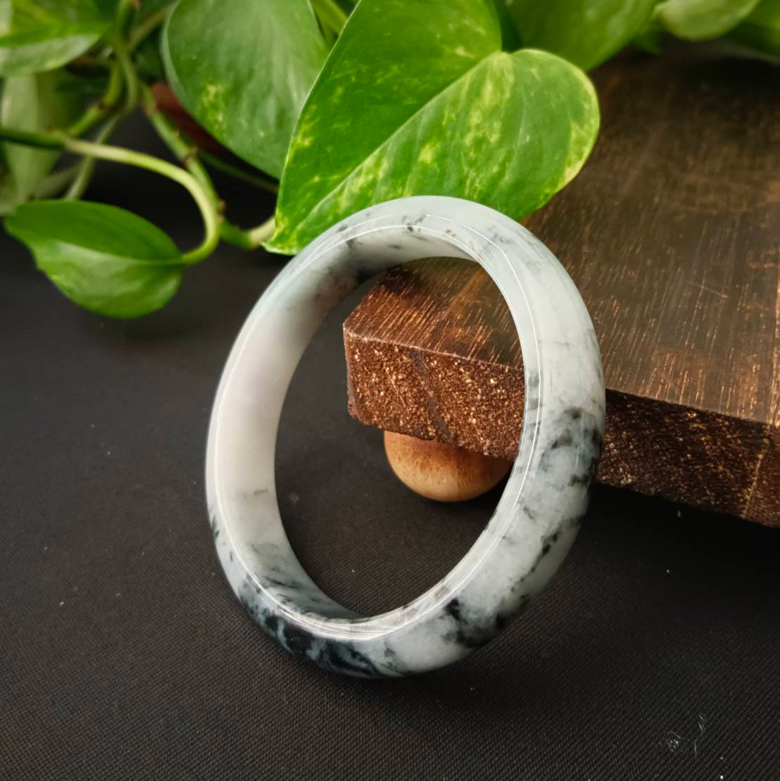 #1102 AGL Certified Dark Green/Black &amp; White Burmese Jadeite Peace Bangle Bracelet