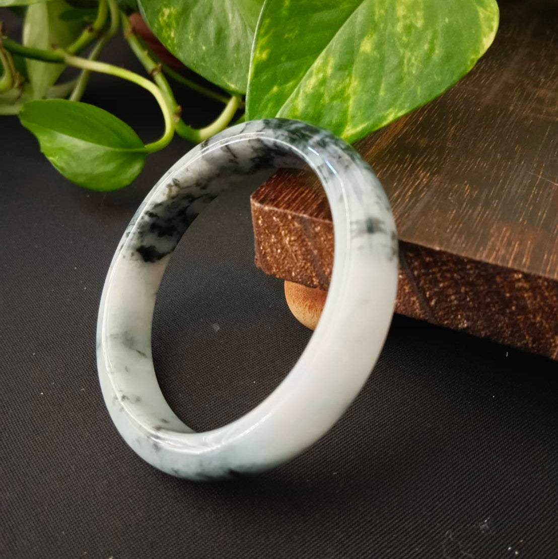 #1102 AGL Certified Dark Green/Black &amp; White Burmese Jadeite Peace Bangle Bracelet