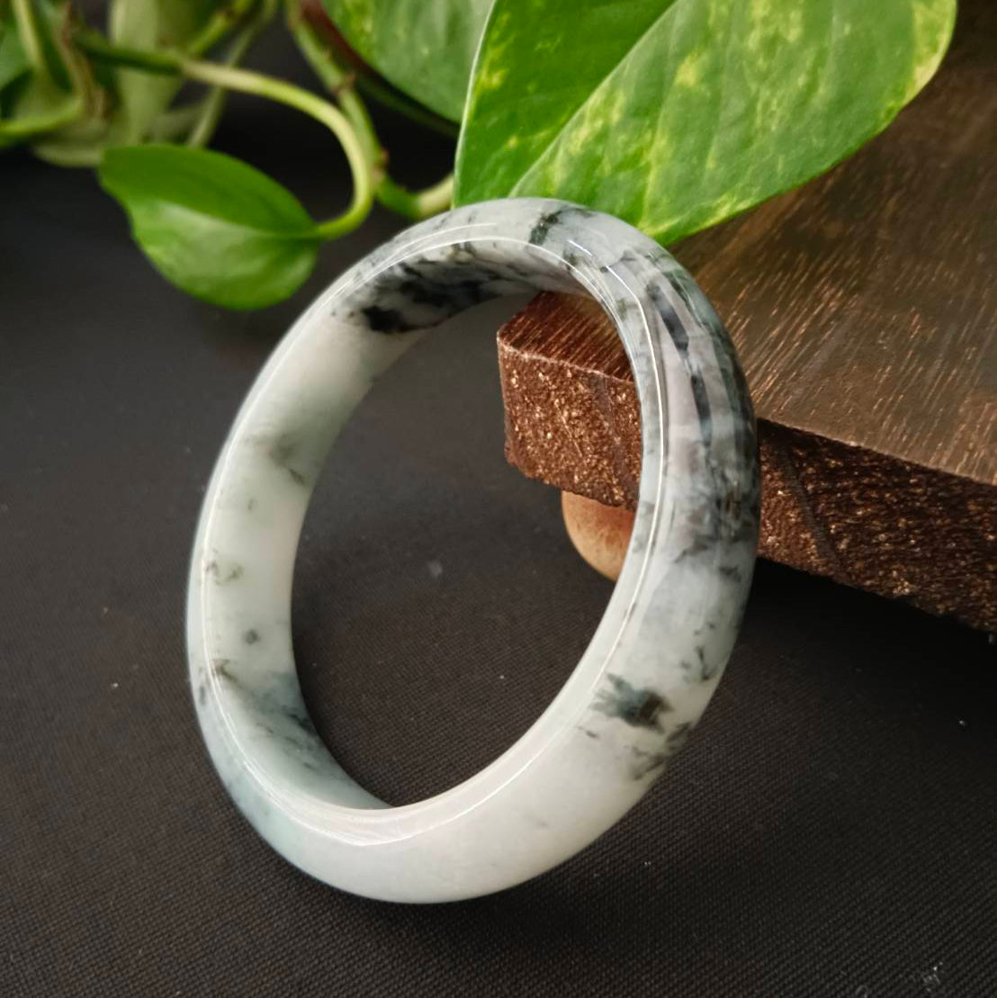#1102 AGL Certified Dark Green/Black &amp; White Burmese Jadeite Peace Bangle Bracelet