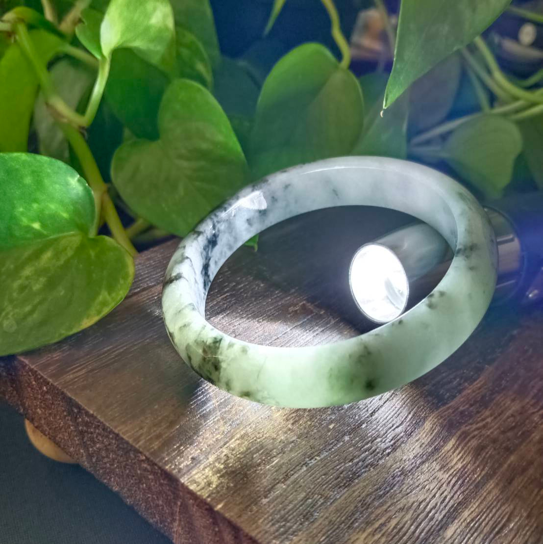 #1102 AGL Certified Dark Green/Black &amp; White Burmese Jadeite Peace Bangle Bracelet