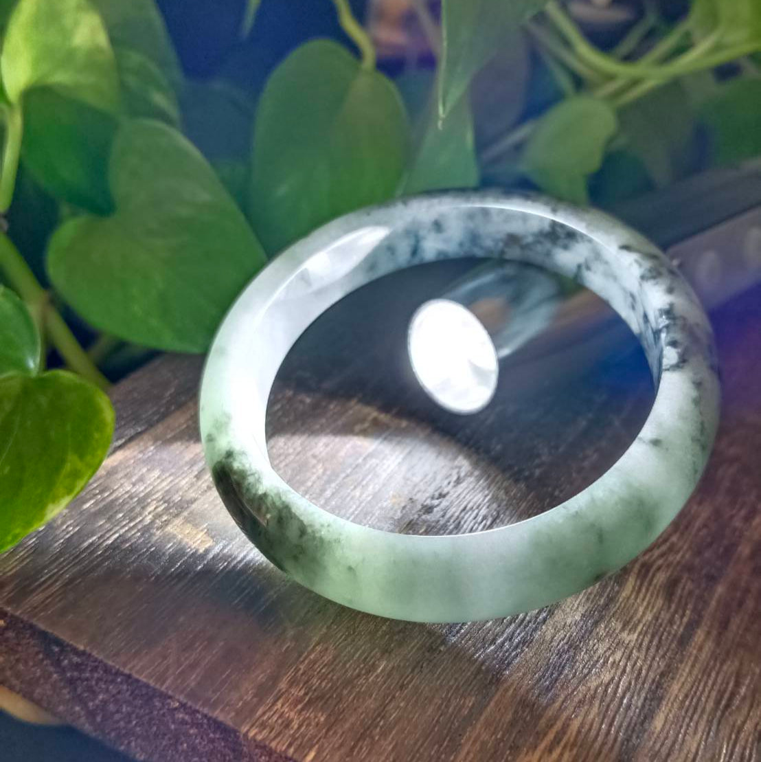 #1102 AGL Certified Dark Green/Black &amp; White Burmese Jadeite Peace Bangle Bracelet