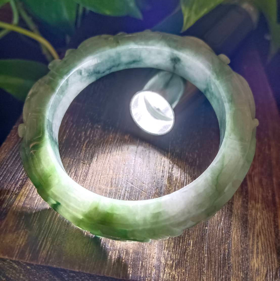 #1103 Green Burmese Jadeite Dragon &amp; Phoenix Carved Bangle with Matching Core Set