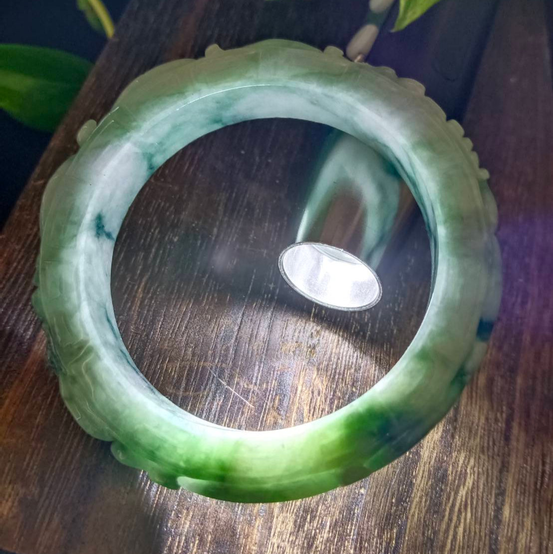 #1103 Green Burmese Jadeite Dragon &amp; Phoenix Carved Bangle with Matching Core Set