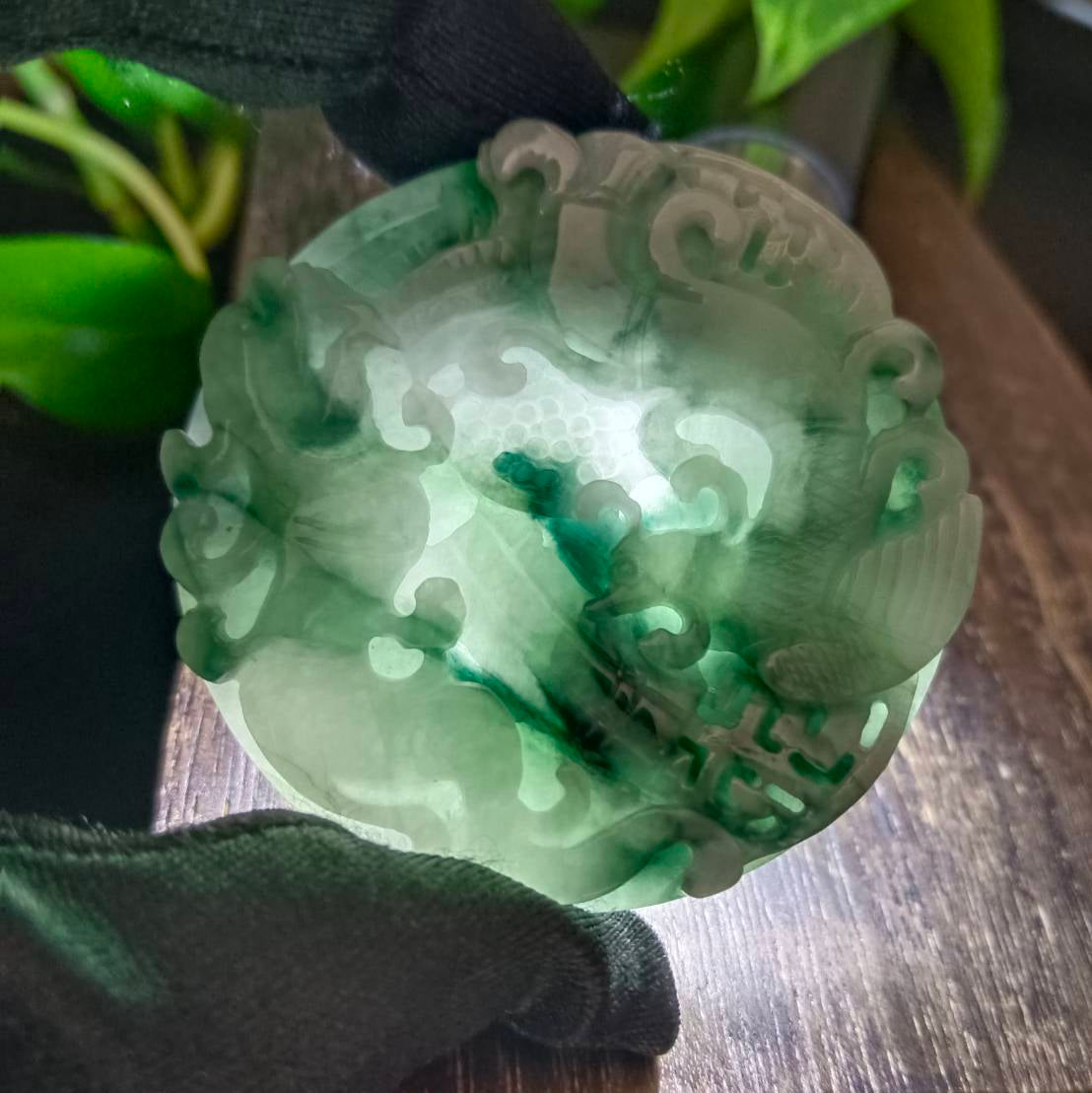 #1103 Green Burmese Jadeite Dragon &amp; Phoenix Carved Bangle with Matching Core Set