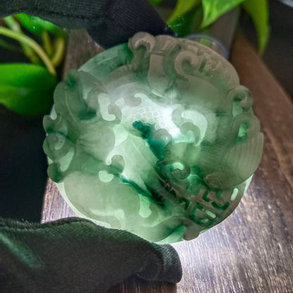 #1103 Green Burmese Jadeite Dragon &amp; Phoenix Carved Bangle with Matching Core Set