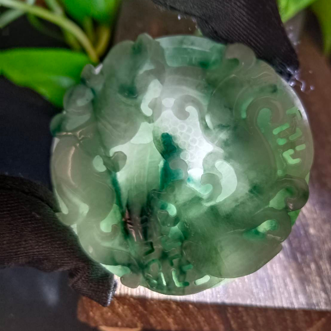 #1103 Green Burmese Jadeite Dragon &amp; Phoenix Carved Bangle with Matching Core Set