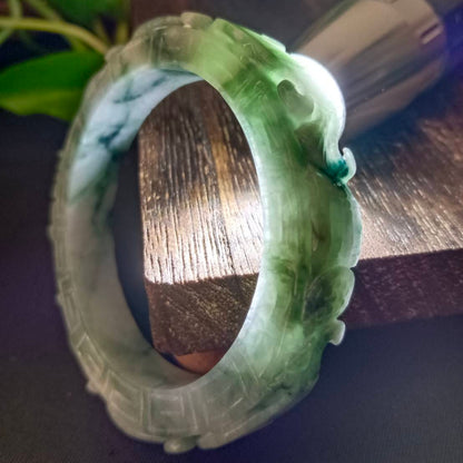 #1103 Green Burmese Jadeite Dragon &amp; Phoenix Carved Bangle with Matching Core Set