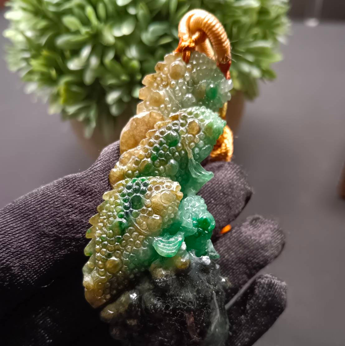 #1193 Tri-Color Burmese Jadeite Pendant – “Fishes Battling the Current”