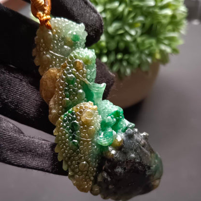 #1193 Tri-Color Burmese Jadeite Pendant – “Fishes Battling the Current”