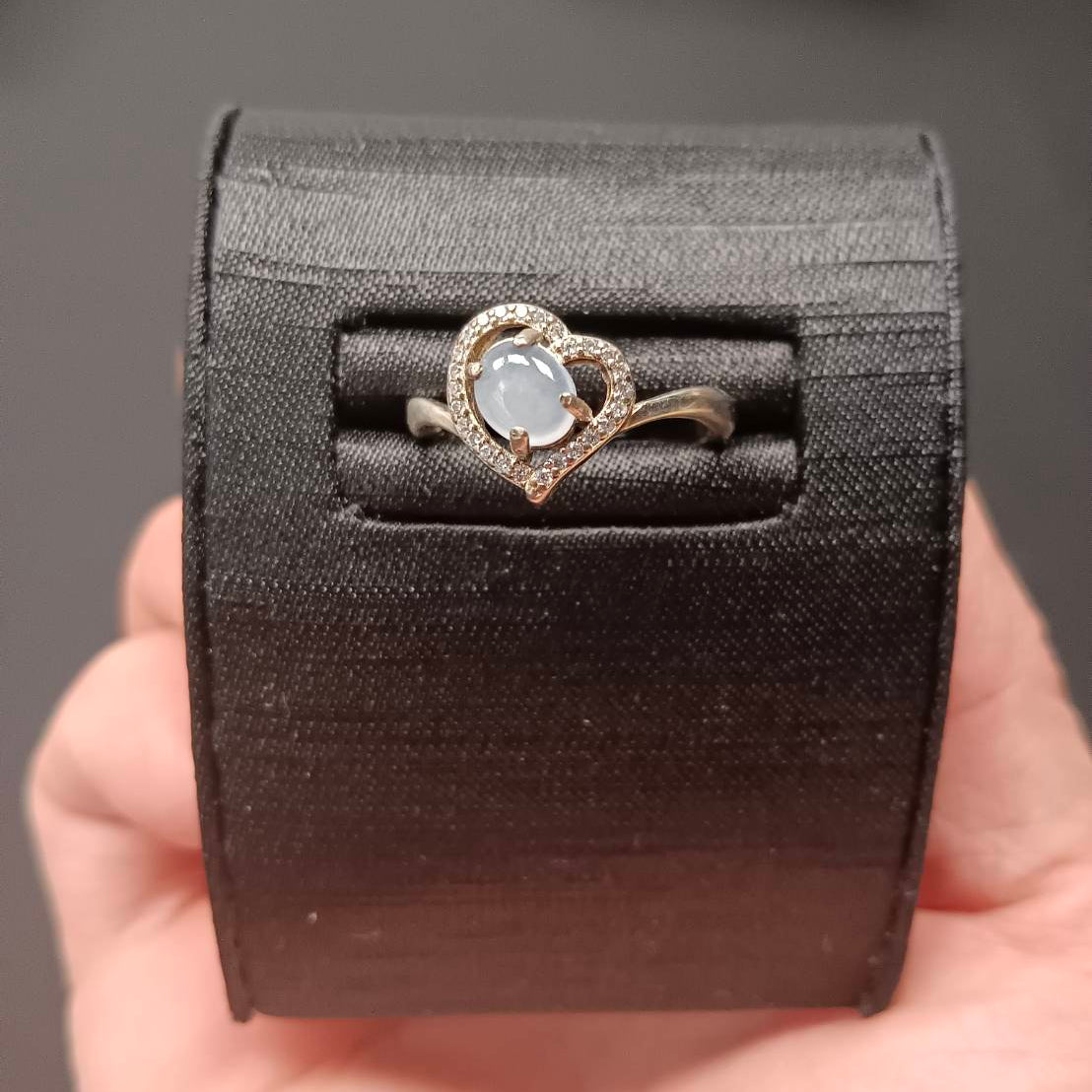 [Little Jade Pavilion] #978 Natural White Jadeite, Sterling Silver 925 CZ Setting, Heart-Shape Ring 💙