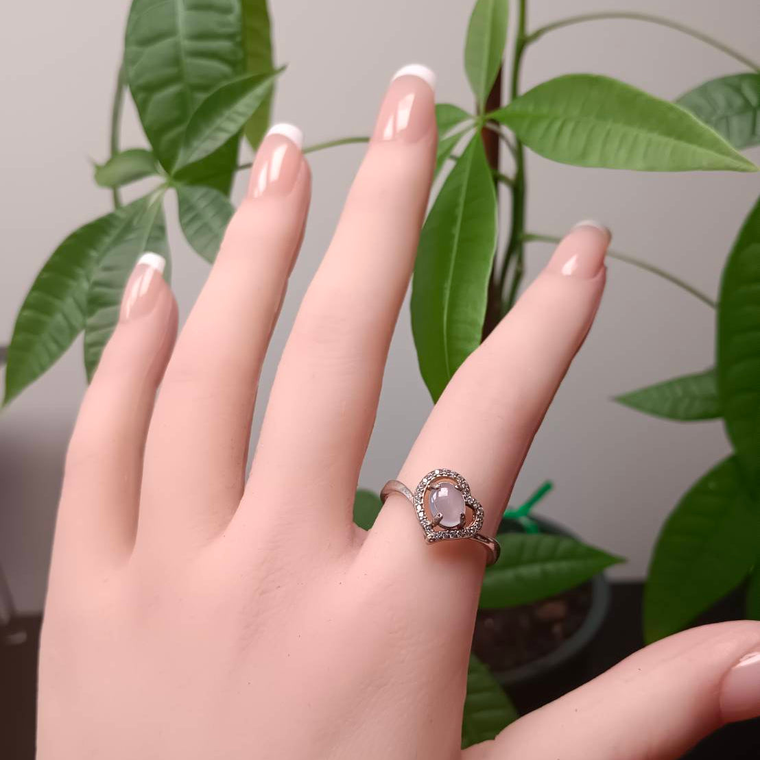 [Little Jade Pavilion] #978 Natural White Jadeite, Sterling Silver 925 CZ Setting, Heart-Shape Ring 💙