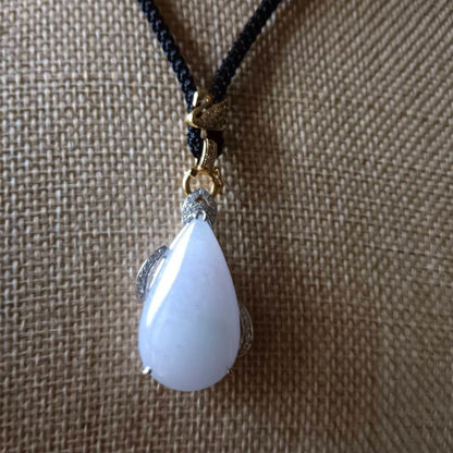 #155 GIA Certified Translucent Light Lavender Slashed Green Burma Jadeite - Water Droplet Pendent with 18K White Gold and Diamonds Setting