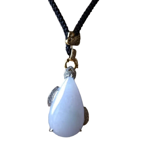 #155 GIA Certified Translucent Light Lavender Slashed Green Burma Jadeite - Water Droplet Pendent with 18K White Gold and Diamonds Setting