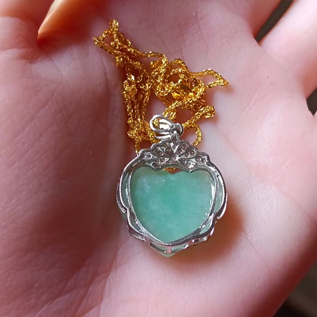 #729, #730, & #732 Exquisite Burma Jadeite Jade Heart-Shaped Pendant Necklace, Sterling Silver