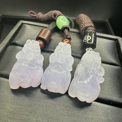 #848, the AGL Certified Natural Translucent Lavender Burma Jadeite Pixiu Triplets Pendants