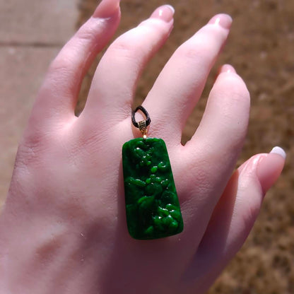 #112 Rare GIA Certified Imperial Green and Spicy Green Natural Old Burma Jadeite Jade Fish Pendant with an 18K Yellow Gold Bail