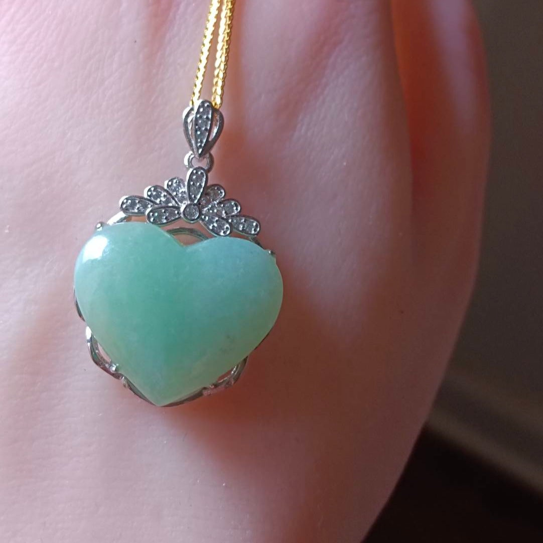 #729, #730, & #732 Exquisite Burma Jadeite Jade Heart-Shaped Pendant Necklace, Sterling Silver