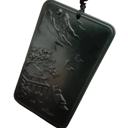 #865 AGL Certified Natural Dark Green Nephrite Jade, Landscape Pendant