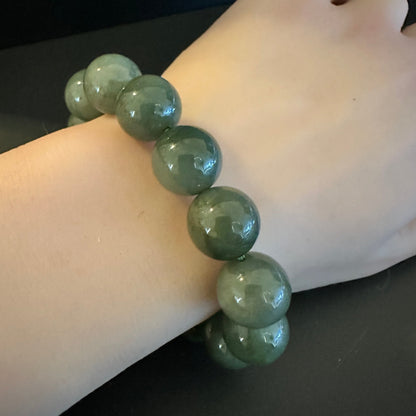 #516 Mason-Kay Certified Green Jadeite Jade Bead Bracelet, ~14 mm beads