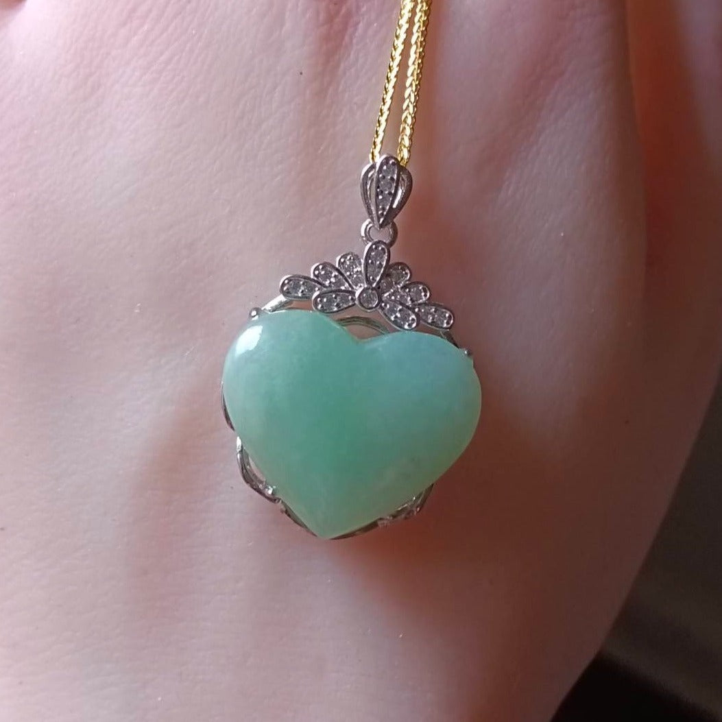 #729, #730, & #732 Exquisite Burma Jadeite Jade Heart-Shaped Pendant Necklace, Sterling Silver