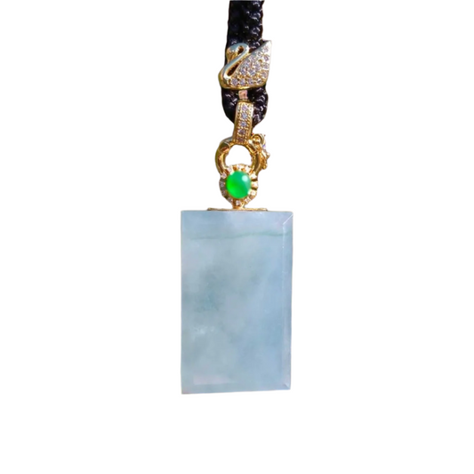 #109 GIA Certified Natural Sky Blue Icy Burma jade rectangular Wu Shi Pai pendant with an imperial green cabochon-diamond-18 K gold bail. A collector's piece.
