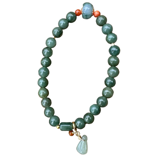 #128 Mason-Kay Certified Elegant Rich Green Designer Jadeite Bead Bracelet