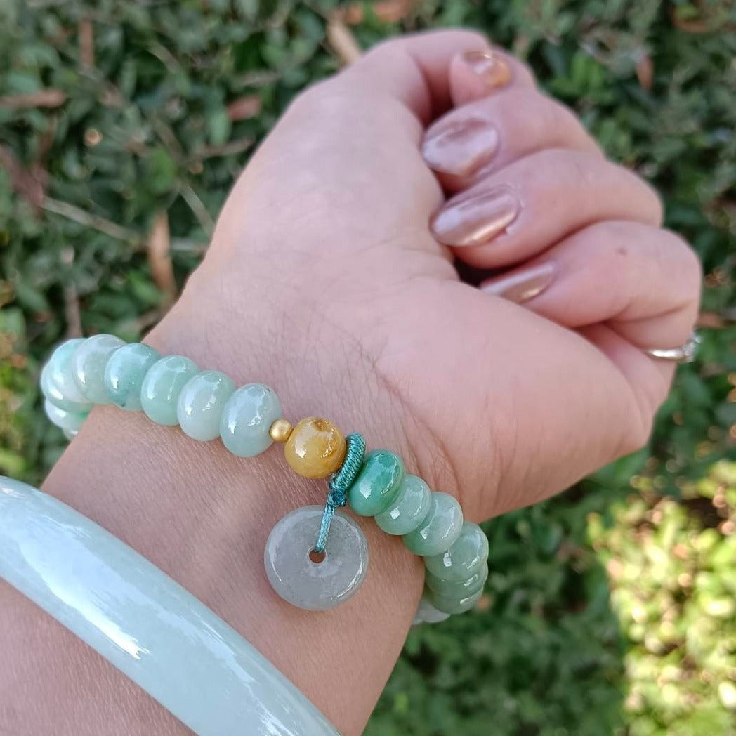 #97 Mason-Kay Certified Greenish Designer Jadeite Jade Bead Bracelet, 7.7~9.2 mm