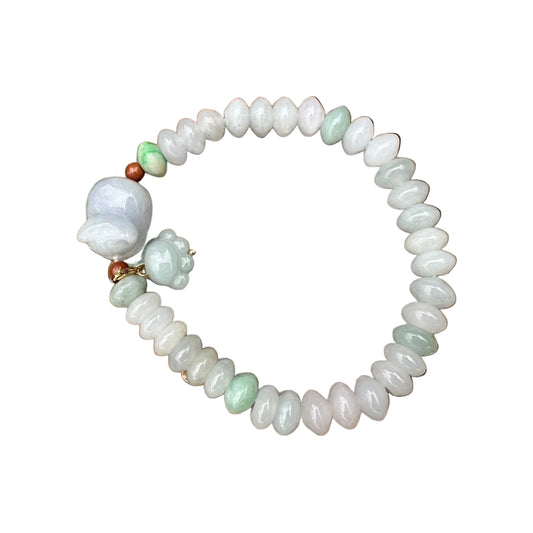[Little Jade Pavilion] #267 Mason-Kay Certified Natural Jadeite Jade Designer's Rondelle Bead Bracelet with a Lavender Cat Centerstone