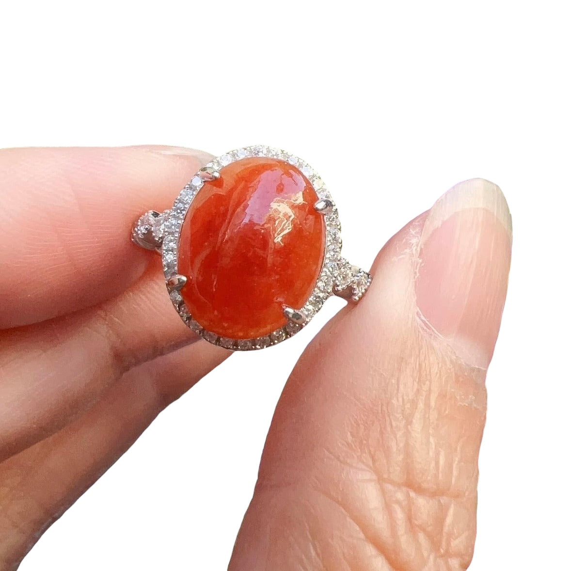 [Little Jade Pavilion] #771 Icy Red Burma Jadeite Ring with Sterling Silver and CZ Setting