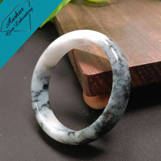 #1101 AGL Certified Dark Green/Black & White Burmese Jadeite Peace Bangle Bracelet
