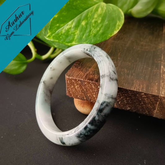 #1102 AGL Certified Dark Green/Black &amp; White Burmese Jadeite Peace Bangle Bracelet