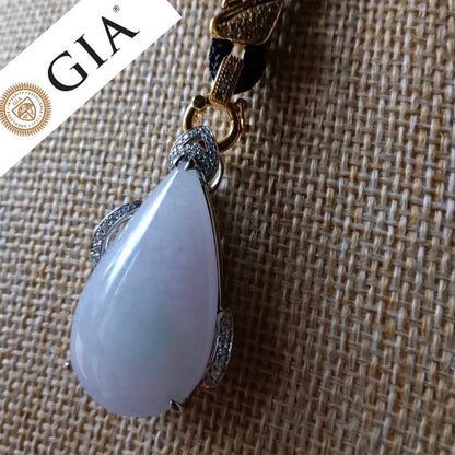 #155 GIA Certified Translucent Light Lavender Slashed Green Burma Jadeite - Water Droplet Pendent with 18K White Gold and Diamonds Setting