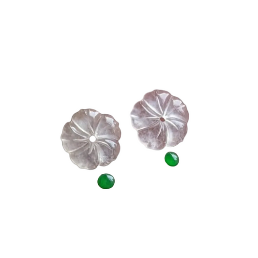 #96 Mason-Kay Certified Icy White and Imperial Green Natural Burma Jadeite Jade Flower Stud Earrings with 18K Yellow Gold set