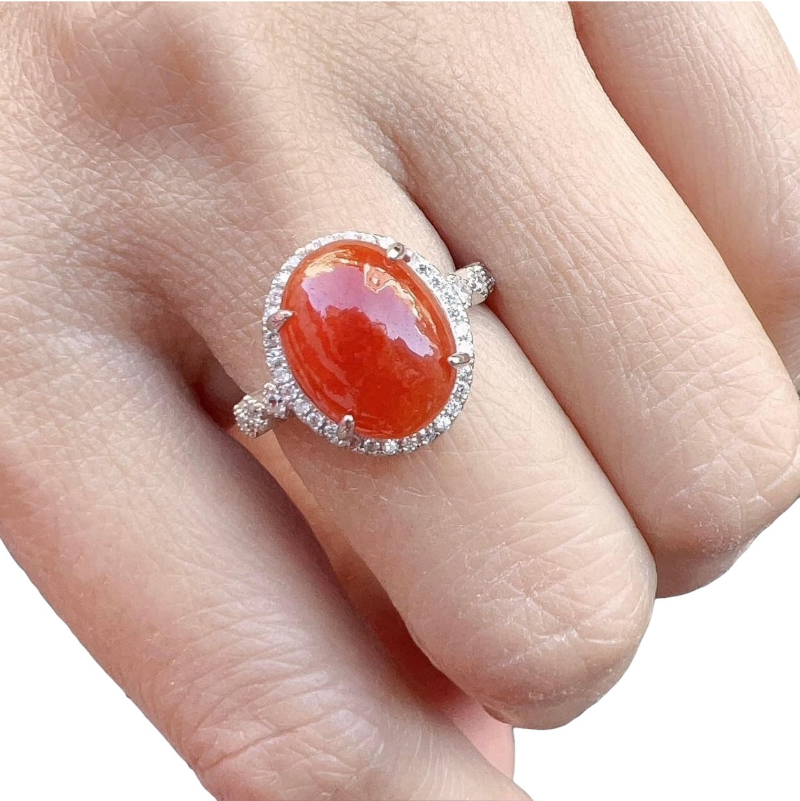 [Little Jade Pavilion] #771 Icy Red Burma Jadeite Ring with Sterling Silver and CZ Setting