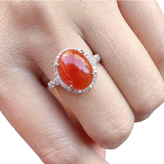 [Little Jade Pavilion] #771 Icy Red Burma Jadeite Ring with Sterling Silver and CZ Setting