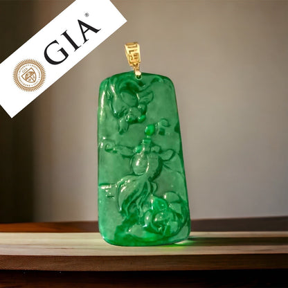 #112 Rare GIA Certified Imperial Green and Spicy Green Natural Old Burma Jadeite Jade Fish Pendant with an 18K Yellow Gold Bail