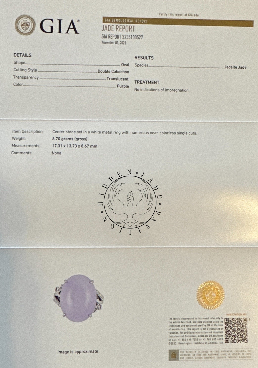 #107 High-End GIA Certified Natural Lavender Burma Jadeite Jade Ring with 18K White Gold and Diamonds Setting