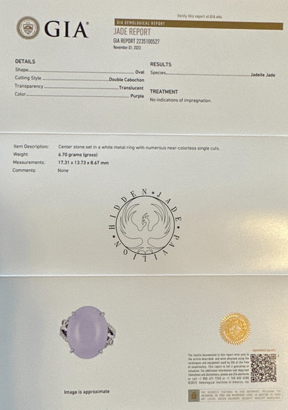 #107 High-End GIA Certified Natural Lavender Burma Jadeite Jade Ring with 18K White Gold and Diamonds Setting