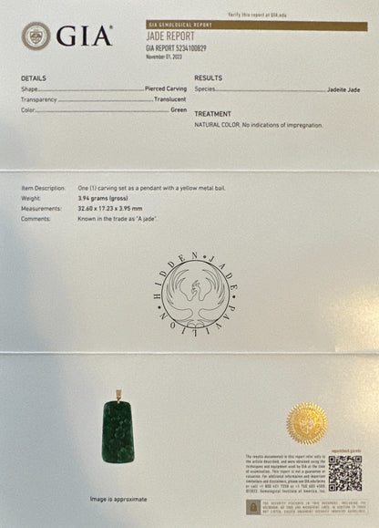 #112 Rare GIA Certified Imperial Green and Spicy Green Natural Old Burma Jadeite Jade Fish Pendant with an 18K Yellow Gold Bail