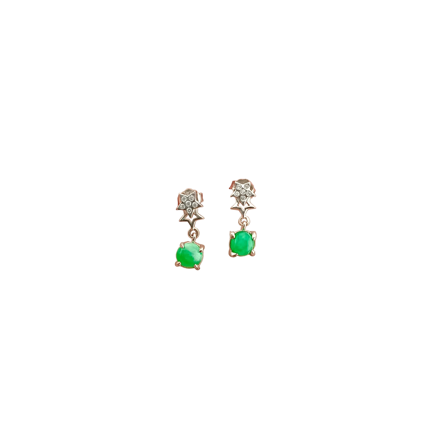 #963 Natural Jadeite, Sterling Silver 925 and CZ Double Star Bright Green Stone Earrings ⭐